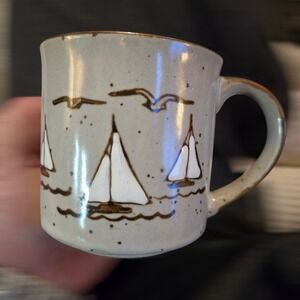 VTG Ceramic Pottery Mug Sailboat Seagull Speckled Stoneware Coffee Grey Brown